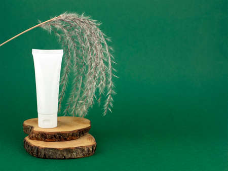 White plastic tube with facial or hand cream on the cross-sections of a tree on dark green...