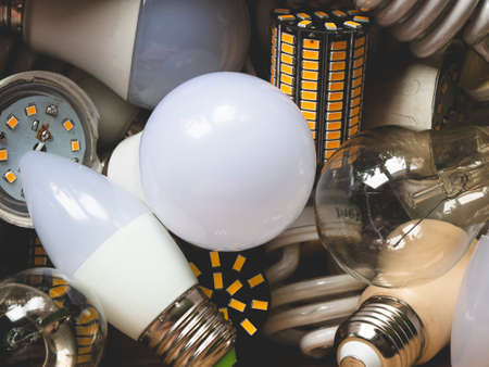 Types of light bulbs: Light Emitting Diode, Fluorescent, Incandescent. Variety of light bulb shapes...