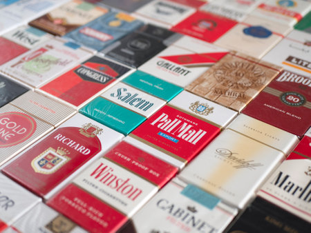 Soligorsk, Belarus - 5 September 2022: Many different packs of cigarettes, selective focusのeditorial素材
