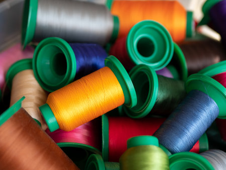 Colored sewing threads, selective focus. Spools of multi-colored thread for sewing and embroidery...