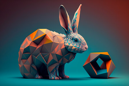 Sitting hare with long ears in the style of origami, copy space. Happy Easter Bunny. Cute multicolored rabbit. Generative AIの素材