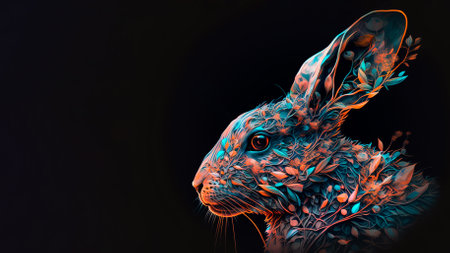 Beautiful spring hare on a dark background, copy space. Easter rabbit or bunny. Generative AIの素材