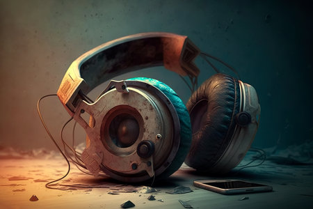 Old dusty headphones. Concept of unfunctional audio device, unnecessary thing. Generative AIの素材