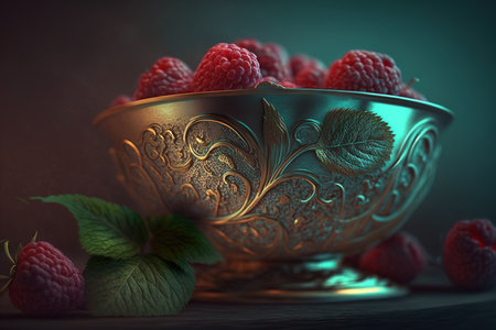 Vintage metal bowl of raspberry on dark background, selective focus. Healthy dessert. Generative AIの素材
