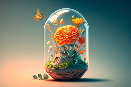 Beautiful orange flower grows under a glass cover. Concept of ecology, conservation, preservation, bionomics, care for the environment. Generative AIの素材