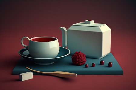 Cup of tea, teapot and modern dessert served for tea party. Still life in a minimalistic style and red and blue tones. Generative AIの素材