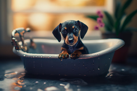 Dachshund puppy is in a freestanding bathtub, selective focus. Dog's bathing. Generative AIの素材