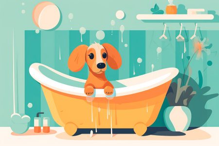 Small puppy with red hair in the bathtub. Bath time. Dog having a bath. Generative AIの素材