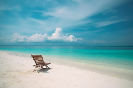 Lonely chaise longue on the shore of the bright blue-green water. Long sandy beach. Generative AIの素材