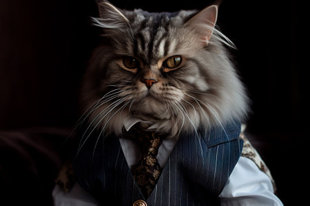 Portrait of an ambition, well-dressed cat. Furry, well-fed cat in expensive suit. Generative AIの素材