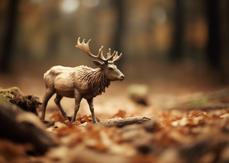 Miniature red deer figure on the nature background, selective focus. Forest animalの素材