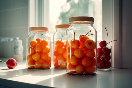 Glass jars filled of yellow cherries are on the table. Fruit for snack or for cooking pastry, jam or other food, selective focusの素材