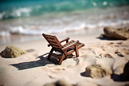 Wooden chaise longue on the sunny coast, selective focus. Empty beach chair as an invitation to relax and sunbatheの素材