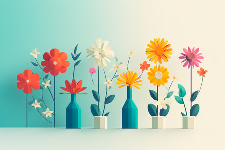 Number of vases with different flowers on the background of wall. Flower still lifeの素材