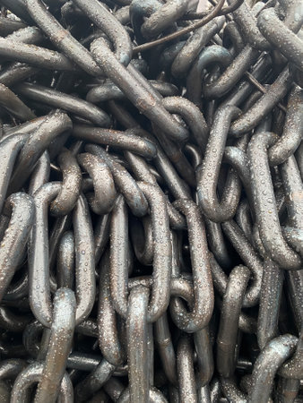 Links in the metal chain with raindrops, close up. Round steel link chains, vertical formatの写真素材