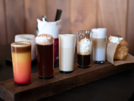 Set of six coffee shots and Choux pastry on a wooden stand, selective focus. Breakfast in the coffee shopの写真素材