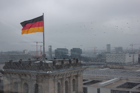 Berlin, Germany - 12 January 2018: City view from the huge glass dome on the roof of Reichstag building on a rainy dayのeditorial素材