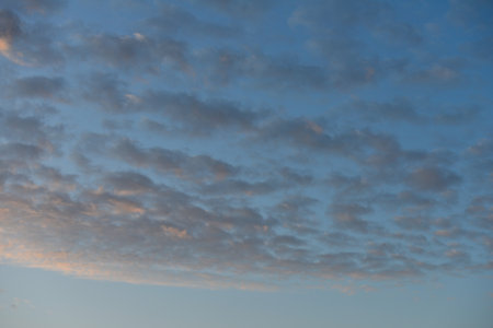 Dark altocumulus clouds against a blue sky at sunrise