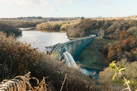 Water reservoir emptied in winter, at the dam on the GouÃ«t river in La MÃ©augon, Brittany, Franceの写真素材