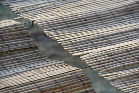Detail of bamboo screens swaying over a pergola, top viewの写真素材