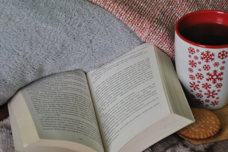 an open book with a cup of tea and a cookie by the pillow