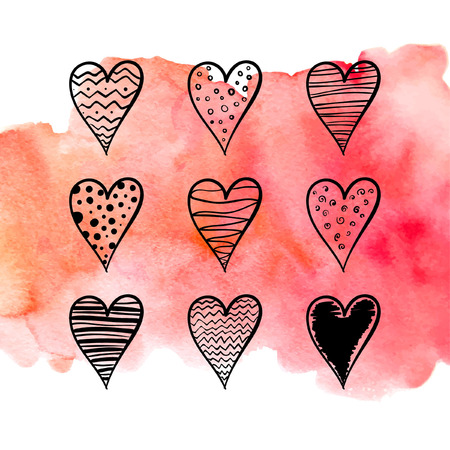 Poster watercolor pink, ink hearts. Vector illustrationのイラスト素材