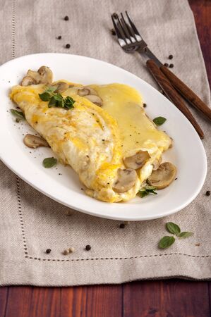 French omelet with mushrooms and cheese. A large portion is served on a white plate. Close up and...