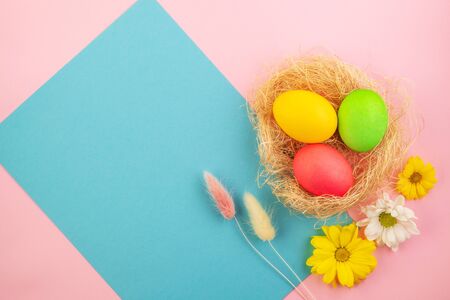 Beautiful spring composition of colored Easter eggs and fresh flowers on a pink and blue pastel...