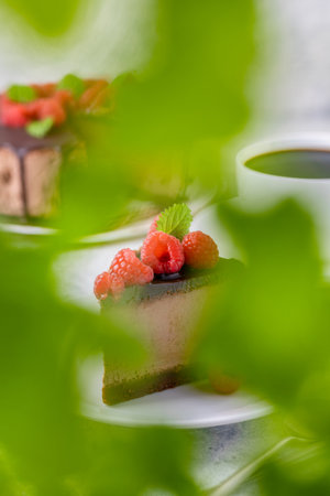 Chocolate cheesecake with fresh raspberries and mint leaves. A piece of cake is cut and served on a plate. Homemade dessert. Close-up.の写真素材