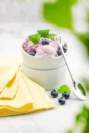 Homemade natural organic ice cream made from cream and blueberries. A large portion of ice cream is garnished with berries and fresh mint leaves.の写真素材