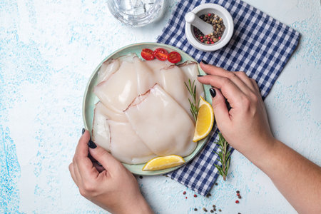 Fresh raw squid fillet with lemons, tomatoes and rosemary. A large portion of squid is prepared for cooking. Top view on a blue background.の写真素材