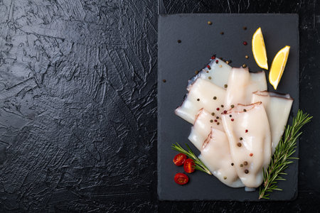 Fresh raw squid fillet with lemons, tomatoes and rosemary. A large portion of squid is prepared for cooking. Top view on a black background.の写真素材