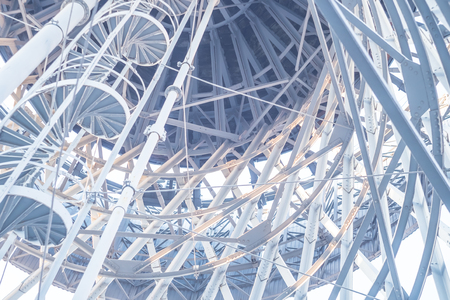 Blue steel water tower. Metal. Metal structures. Perspective.の写真素材