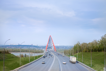 Bugrinsky Bridge over the River Ob, Novosibirsk, Russiaのeditorial素材