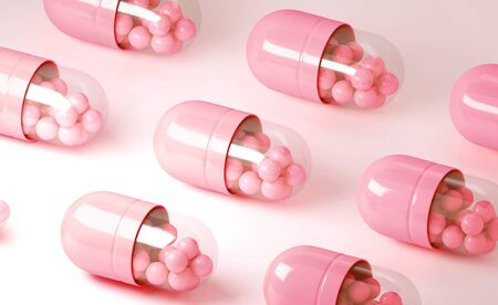 3d illustration of a render of yellow capsule pills on a light background. Advertising illustrationの写真素材