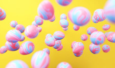Bright yellow easter background with multicolored easter eggs. Easter banner or greeting card concept, advertising background or imageの写真素材
