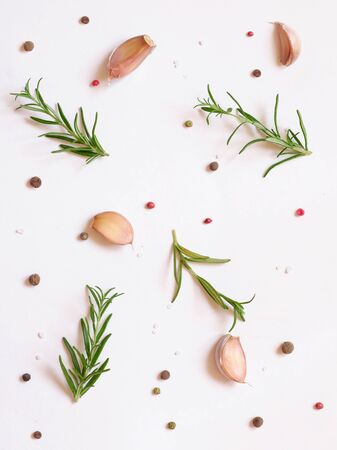 Various herbs and spices isolated on white background, top viewの写真素材