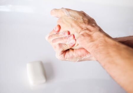Hand hygiene. Hand washing with soap, antibacterial protectionの写真素材