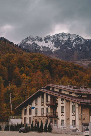 SOCHI, RUSSIA - november 4, 2020: Rosa Khutor hotel buildings and infrastructure of Alpine ski...