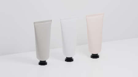 Creative minimalistic shot cosmetic packaging plastic mock up. Mock-up for branding and label. 3D renderの写真素材