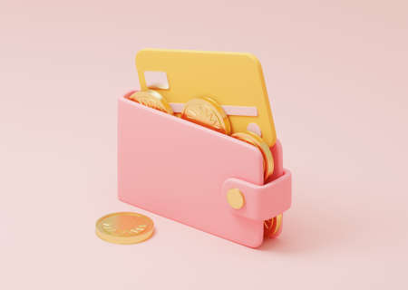 3d rendering saving money concept. Wallet and coins, credit card. 3d illustration, renderの写真素材