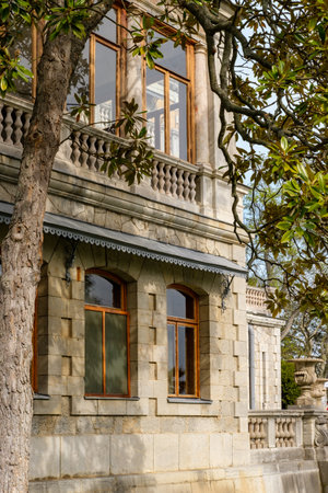 Crimea, May 08, 2021: Beautiful view Massandra Palace. Massandra Palace of Emperor Alexander III of Yalta, Crimea. Travel across the Crimea.のeditorial素材