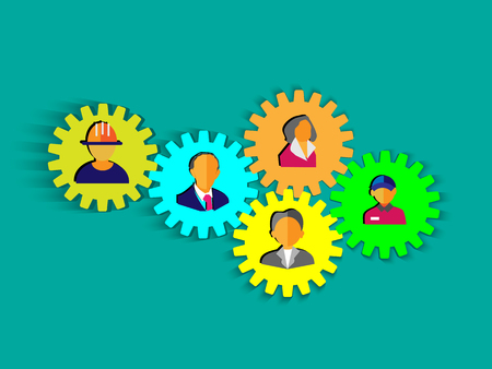 People icons on the gear wheel, This Vector illustration represents the concept team work, social network, unityのイラスト素材