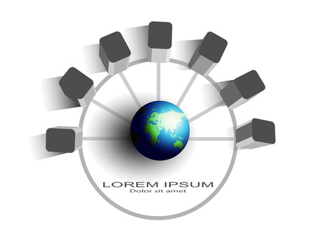 Concept of globalization and connecting various enterprise application systems across the globe, this also can be used to represents SOA, ESB integration, hub and spoke topologyのイラスト素材