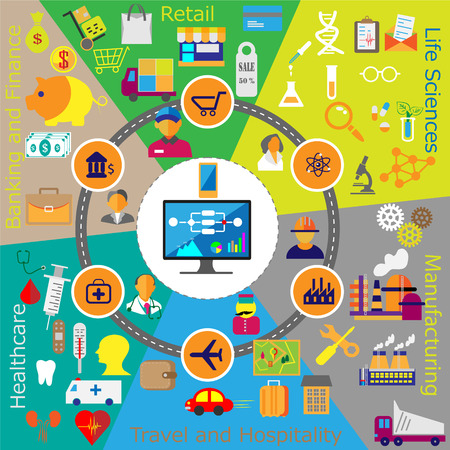Collection of web flat icons from different industries like Retail, Banking, Finance, Healthcare, Life Sciences, Manufacturing, Travel, Hospitality. People connected with industry specific technologyのイラスト素材