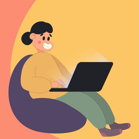 Technology, home office, freelance. Vector illustration of woman, female at home working on laptop at her bean bag chair, dressed in home clothes. Online study, work at period of pandemic, coronavirusのイラスト素材