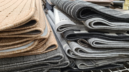 Close up view of different types of fabric in a textile shop.