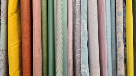 Colorful fabric samples as background, closeup. Textile industryの写真素材