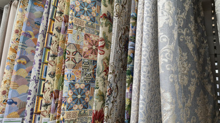 Carpets in a shop window. Textiles in the store.の写真素材