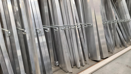 Metal profiles of different sizes on the conveyor belt in the factory